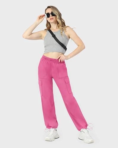 keriffe Baggy Cargo Pants Women Parachute Hiking Wide Leg Pants with 4 Pockets Y2K Clothes Casual Travel Hot Pink - Thumbnail 4