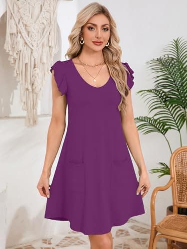 DEARCASE Womens Summer T-Shirt Dresses V Neck Elegant Classy Ruffle Sleeve A-line Tunic Dress 2026 with Pockets Purple XX-Large - Thumbnail 6