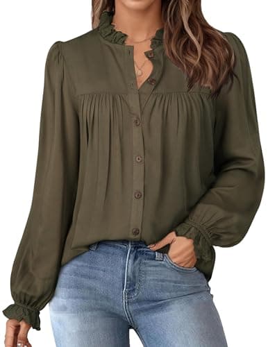LOOKBOHO Womens Long Sleeve Shirts Pleated Lace Tops Fall Fashion Outfits Business Casual Blouses Army Green M - Image 1