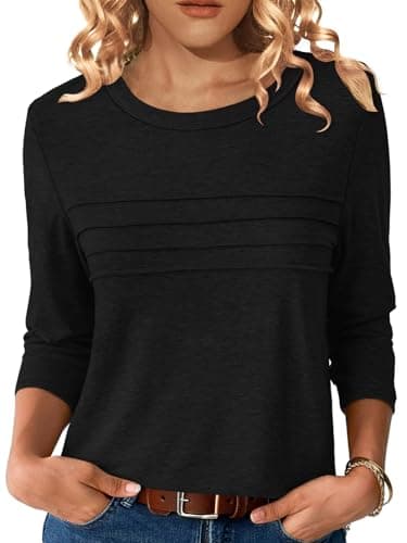 NORACORA 3/4 Sleeve Tops for Women T Shirts Dressy Casual Spring Fall Outfits Pleated Front Shirts Round Neck Casual Tunic Basic Tee Tops Black XL - Image 1