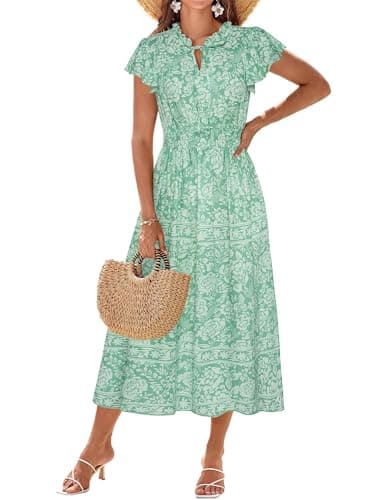 GRACE KARIN Women's Summer Boho Ruffle Casual Flowy Long Dress Beach Swing Party Maxi Dress Green White Floral XL - Image 1