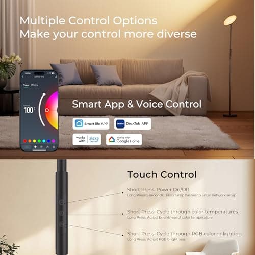 Floor Lamp, 2800LM RGBWW Smart Standing Lamps for Living Room with Smart App & Voice Control, 69.3in Torchiere Floor Lamps Color Changing, 350°Rotating LED Tall Lamp for Bedroom Office Gaming Party - Thumbnail 2