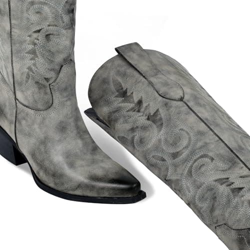 LeunDen Green Wide Claf Cowboy Boots for Women, Knee High Cowgirl Boots with Pointed Toe Chunky Heel Embroidery Western Boots Tall Long Boots Size 9 - Thumbnail 5