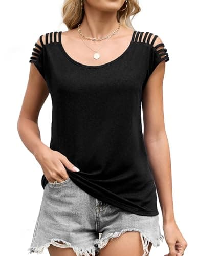 JUSTFASHIONNOW Cold Shoulder Tops for Women Cute Going Out T Shirts Cap Sleeve Tops Summer Crewneck Tees Casual Trendy Cut Out Shirt (Black,X-Large) - Thumbnail 5