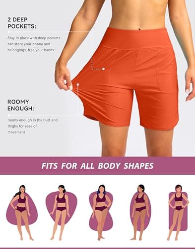Viodia Women's 7" Swim Board Shorts High Waisted Modest Swimsuit Bathing Suit Beach Swimming Trunks for Women with Pockets Orange - Thumbnail 4