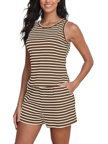 COCOMARTS Womens 2 Piece Sets Striped Sleeveless Tank Tops Matching Shorts Casual Loungewear Pajama Sets Fashion Outfits 2025 Army Green Small - Image 1