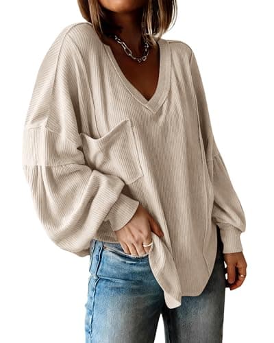 BTFBM Womens Fall Fashion 2026 Long Sleeve Shirts Casual V Neck Ribbed Knit Blouses Pullover Trendy Loose Fit Tunic Tops(Apricot, Small) - Image 1