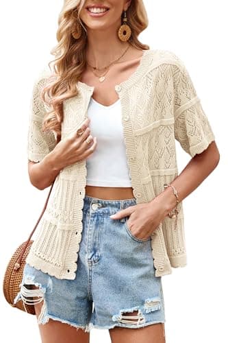 ECOWISH Summer Crochet Cardigans for Women: 2026 Lightweight Short Sleeve Crewneck Button Down Cropped Casual Sweater Tops 440 Beige XL - Image 1