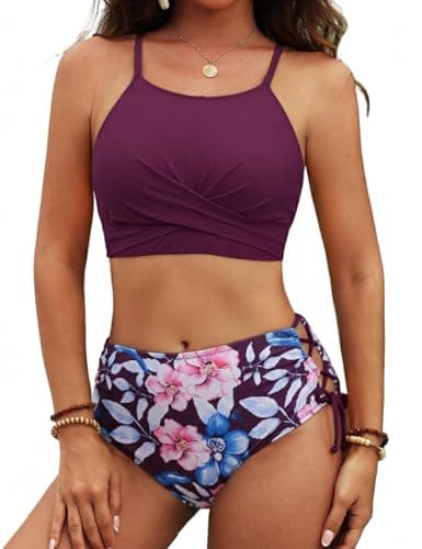 CiCiBird Women Bikini Sets Tropical Leaf Print Two Pieces Swimsuits High Neck Twist Front Bathing Suits Purple Print XL - Image 1