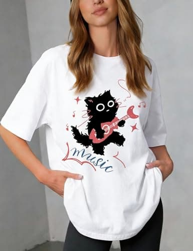 Women's Vintage T-Shirt Y2K Cat Graphic Harajuku Tee Tops Grunge Streetwear Clothes Baggy Cute Emo Cotton Shirts(White-M) - Thumbnail 5