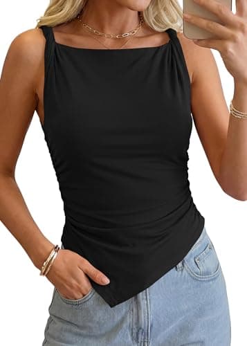 KIRUNDO Going Out Tops for Women 2026 Summer Twist Straps Asymmetrical Ruched Tank Top Slim Fit Sleeveless Shirts Y2K Clothes(Black, XX-Large) - Image 1