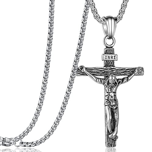 Rehoboth Jesus Christ on INRI Crucifix Cross Pendant Necklace with 24 Inch Stainless Steel Chain Silver - Image 1