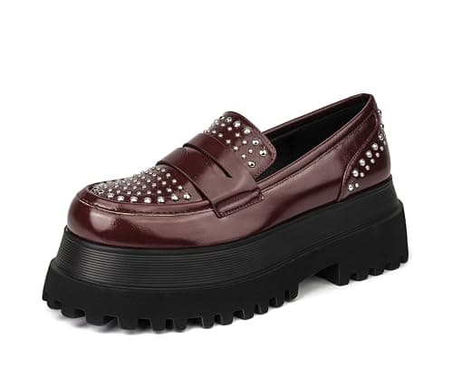 feetquake Womens Dress Shoes with Sparked Studs Chunky Sole Pumps Shoes for Women Comfortable Flats and Dressy Burgundy Loafers Women 6M - Image 1