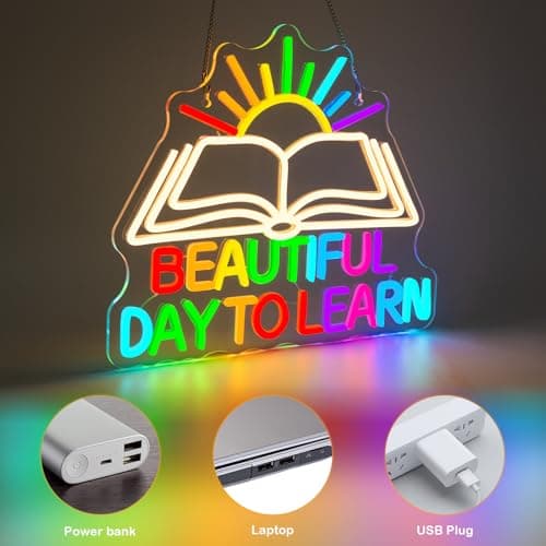 Beautiful Day Neon Sign To Learn Study Neon Signs for Classroom Wall Decor Rainbow LED Lights Up Classroom Bedroom in Reading Corner Decor Library LED Sign Study Office Gifts for Teens - Thumbnail 5