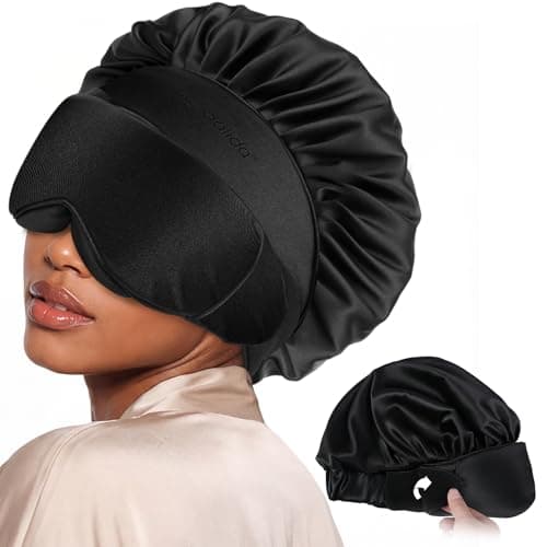 Satin Silk Bonnet for Sleeping Women Men, LC-dolida 2-in-1 Adjustable Hair Bonnet for Curly & Natural with Sleep Mask, Reduce Frizz, Lock in Moisture, Prevent Breakage and Tangles,for Skin Care,Travel - Image 1