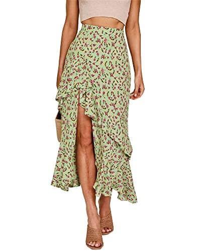 BTFBM Women 2026 Spring Summer Long Skirts Dress Boho Floral Elastic Waist Split Ruffle High Low Beach Maxi Skirt Clothes(Z-Green, X-Large) - Image 1
