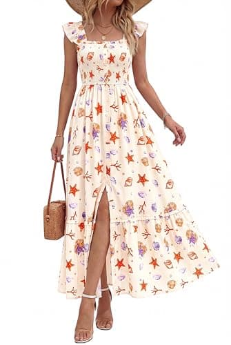 dowerme Womens Summer Maxi Dresses 2026 Casual Ruffle Sleeve Button Smocked Floral Slit Boho Dress Spring Beach Sundress(White Orange Red Flower,Large) - Image 1