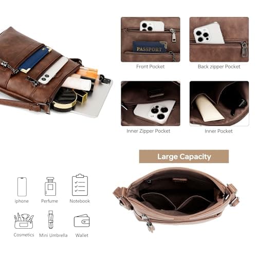 Kiss Sea Leather Crossbody Bags for Women Casual Travel Cross Body Purse with Adjustable Strap Brown - Thumbnail 4