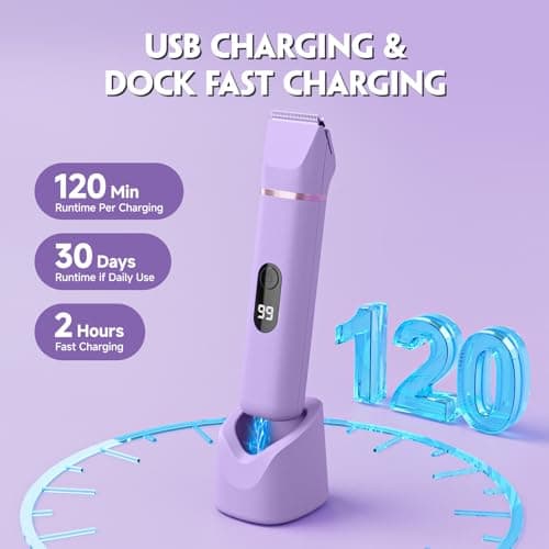 Bikini Trimmer for Women, Tiovara Painless Electric Razors Shaver IPX7 Waterproof Cordless Body Hair Trimmer Pubic Hair Removal with USB Charge Dock for Underarm Leg Arm Body Face Silk Skin (Lilac) - Thumbnail 4