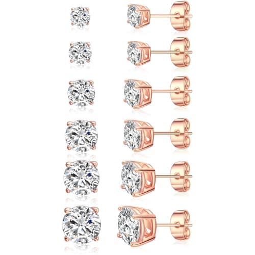 Gemsme 6 Pairs Cubic Zirconia Stud Earrings for Women/Men - Round Cut 4 Prong Settings 18K Gold Plated Hypoallergenic 3-8mm Clear Earrings Set - Rose Gold - Image 1