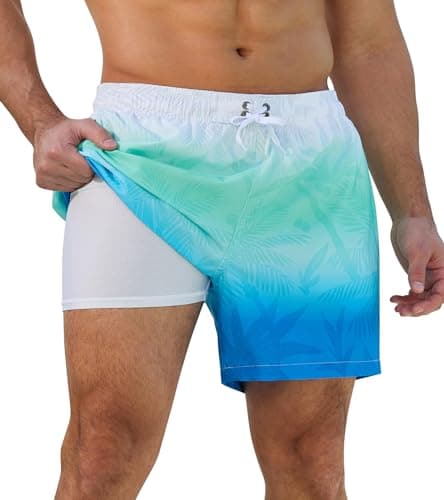 SILKWORLD Men Swimming Trunks Elastic Waist Beach Shorts Bathing Suit with Zipper Pockets, Cyan Coconut Tree, Small - Image 1