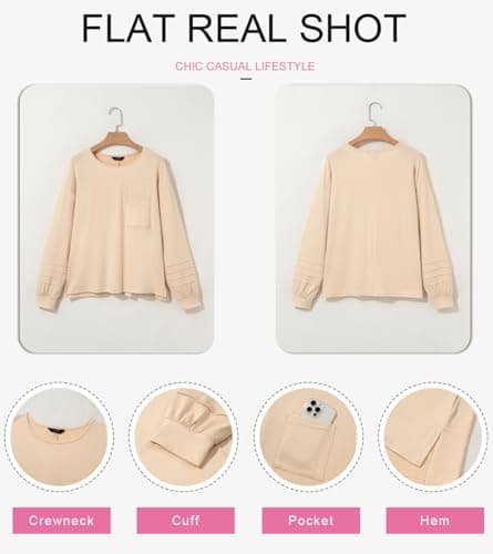 Dokotoo Spring Outfits for Women 2026 Crew Neck Long Sleeve Shirts Dressy Casual Side Slit Beige Tops Trendy Business Casual Womens Tops with Pocket Large - Thumbnail 4