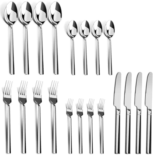 WANGYUANJI 20-Piece Stainless Steel Flatware Set for 4, Modern Mirror Polished Silverware Set, Heavy-Duty Cutlery with Ergonomic Square Handle, Dishwasher Safe Tableware for Home, Kitchen, Restaurant - Image 1