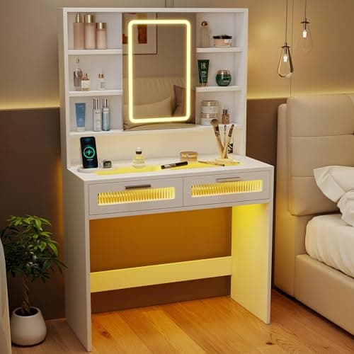 Hadulcet White Vanity Desk with Mirror and Lights, 35.5" Small LED Makeup Vanity Desk with 2 Acrylic Drawers, 6 Storage Shelves and Power Outlets for Girls Women Bedroom Dressing Room - Thumbnail 6
