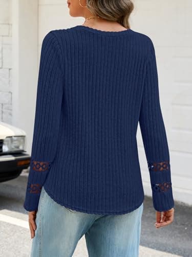 MEROKEETY Womens Long Sleeve Tops 2025 Trendy Fall Winter V Neck Ribbed Sweaters Casual Shirts Blouses, Navy, XXL - Thumbnail 4