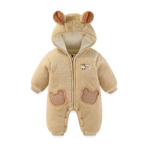 JiAmy Baby Fleece Snowsuit Newborn Hooded Winter Outfits Infant Boys Girls Hooded Zipper Jumpsuit Romper Brown 0-3 Months - Image 1