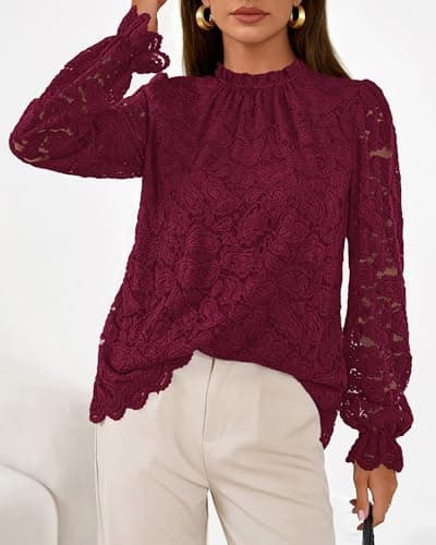 KIRUNDO Blouses for Women Dressy Casual Lace Long Sleeve Tops Mock Neck Ruffle Hem Shirts Fall Fashion Clothes(Burgundy, Large) - Thumbnail 6