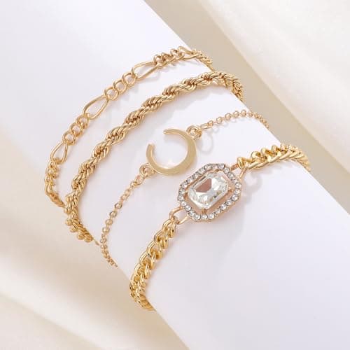 Alegend Bracelets Sets 14K Gold Plated Stackable Bold Twisted Rope, Romantic Crystal, Delicate Chains with moon charm Four-Layered Design - Thumbnail 5