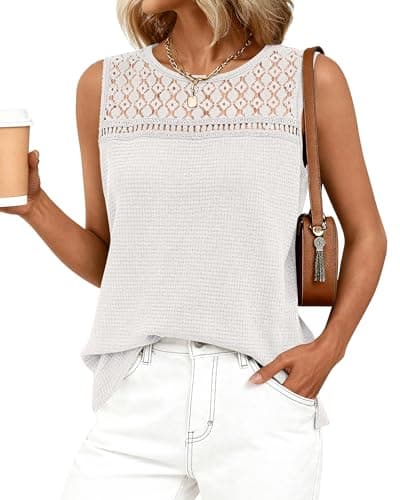BTFBM Tank Top for Women 2026 Sleeveless Shirts Waffle Knit Vest Crew Neck Casual Outfits Loose Blouses Summer Tops(White, Large) - Image 1