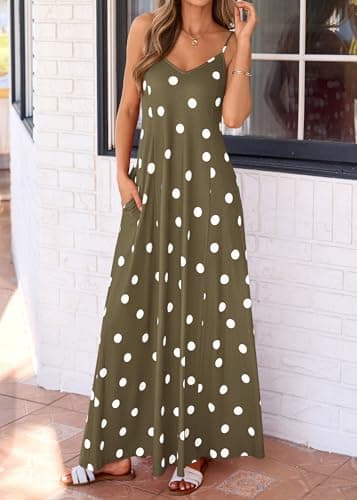 KIRUNDO Boho Maxi Dress for Women Summer Spaghetti Strap V Neck Polka Dot Flowy Long Beach Vacation Sundress with Pockets(Army Green, Small) - Thumbnail 5