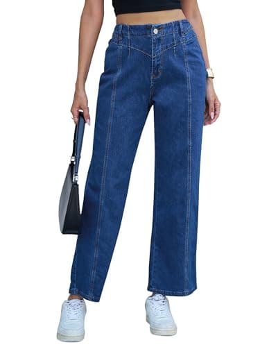 PEIHOT Wide Leg Jeans for Women High Waisted Straight Leg Stretchy Jeans Seamed Paneling Denim Pants Fall Dark Blue - Thumbnail 5