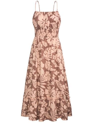 GRACE KARIN Womens Sleeveless Maxi Dress Summer Casual Spaghetti Strap Ruffle Cami Dresses Boho Beach Dresses with Pockets Long Coffee Floral S - Image 1
