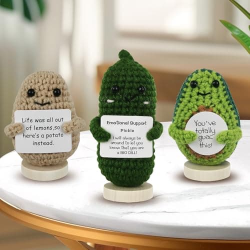 EzKnotify Funny Emotional Support Potato Gag Gift with Base, Mini Knitted Wool Crochet Dolls for Tough Times, Perfect for Friends, Parties, Birthdays, and Christmas(Potatoes Pickle Avocado)