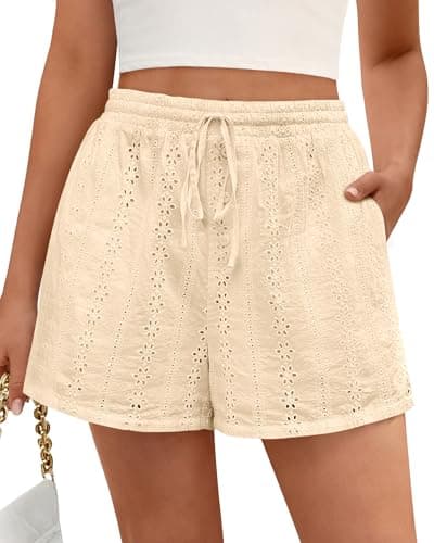 KIRUNDO Shorts for Women Summer Casual Lace Elastic Waist Drawstring Cute Eyelet Boho Lounge Shorts Beach Vacation Outfits(Apricot, XX-Large) - Image 1