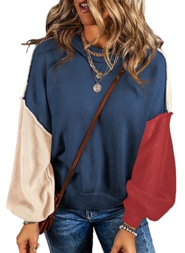 Dokotoo Oversized Sweaters for Women Crewneck Colorblock Long Sleeve Pullover Sweater Business Casual Knit Ribbed Jumper Tops Womens Fall Fashion 2025 Navy Blue XX-Large - Image 1
