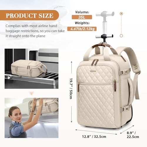 GOLF QUALITY Rolling Backpack for Women,Travel Laptop Backpack with Wheels Roller Personal Item Backpack Wheeled Underseat Carry On Luggage for Travel Business Trip,Fit 17Inch,Apricot - Thumbnail 2