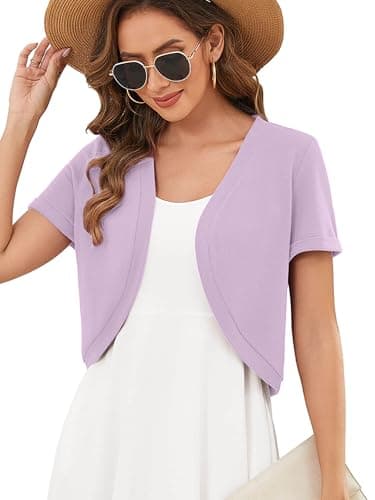 Heymoments Women's Short Sleeve Shrugs Light Purple X-Large Lightweight V-Neck Open Front Cropped Cardigan Knitted Bolero Sweaters Elegant Dresses Cover Up - Image 1
