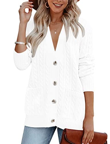 MEROKEETY Women's 2025 Fall Cable Knit Cardigan Sweater Chunky Button Up Open Front Long Sleeve Outwear Coat,White,L - Image 1