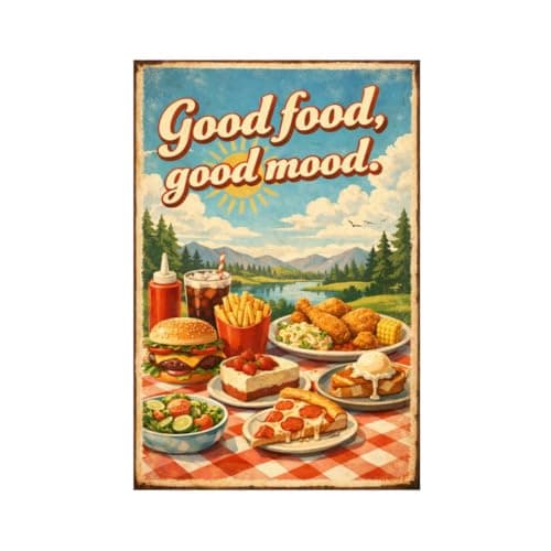 Good Food Good Mood Tin Sign Vintage Food Wall Decor Retro Picnic Meal Illustration Metal Poster Burger Pizza Dessert Art 8x12 Inch Kitchen Cafe Restaurant Display - Image 1