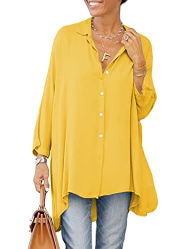 Aoysky Womens Oversized T Shirts Button Down Long Sleeve Shirt V Neck Collar Loose Flowy Blouse Yellow - Image 1