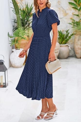 PRETTYGARDEN Summer Long Dresses for Women Puff Short Sleeve V Neck Swiss Dot Pleated A Line Casual Flowy Party Midi Dress (Navy,Large) - Thumbnail 4