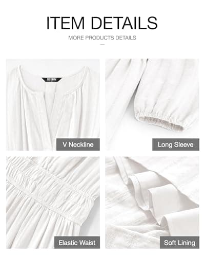 BTFBM Spring Dresses for Women 2026 Casual Long Sleeve V Neck Elastic Waist Lightweight Maxi Wedding Guest Dress Pockets(White, X-Large) - Thumbnail 4