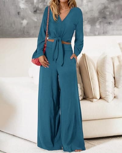 PRETTYGARDEN Women's 2 Piece Outfits 2025 Fall Fashion V Neck Long Sleeve Strappy Crop Top Wide Leg Pant Lounge Sets(Lake Blue,Medium) - Thumbnail 3