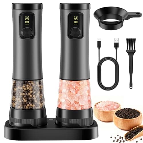 Electric Salt and Pepper Grinder Set - Rechargeable Salt Grinder with Led Power Display - Automatic Pepper Grinder with Storage Base - Pepper Mill with Light for Kitchen - Image 1