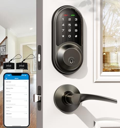 Veise RZ06B Smart Locks for Front Door, 2 Lever Handle Set, Keyless Entry Deadbolt, App Control, Electronic Digital Touchscreen Keypad, Auto Lock, IP54 Waterproof, Easy Installation, Matte Black - Image 1