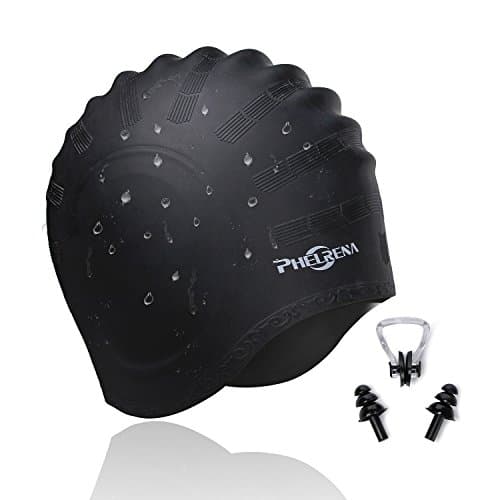 PHELRENA Swimming Cap Waterproof Premium Silicone Solid Long Hair Earmuffs Swim Cap Flexible Reversible for Adults Kids Women Men, Keeps Hair Clean Ear Dry, Free with Nose Clip and Ear Plugs - Image 1